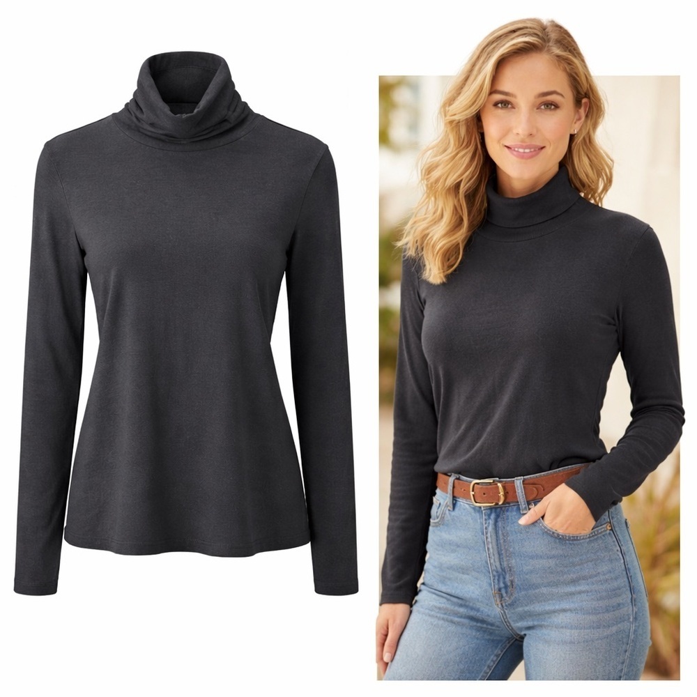 Lands’ End | Black Turtleneck Top | Cotton Blend Stretch | Size M 10-12